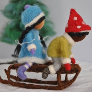 Children Sledding Waldorf inspired dolls:Boy and girl on the sled