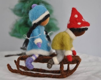 Children Sledding Waldorf inspired dolls:Boy and girl on the sled