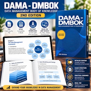 以下が含まれることがあります： DAMA-DMBOK第2版の書籍は、地球儀のグラフィックと白い文字が描かれた青い表紙です。開かれた本にはデータアーキテクチャとモデリングの章が表示され、タブレットの画面にはデータ管理フレームワークの図が示されています。