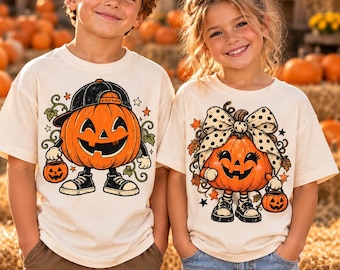 Design digitale PNG per maglietta con zucca carina per bambini, grafica di Halloween per fratelli e sorelle, stampabile autunnale per bambini e bambine, download immediato