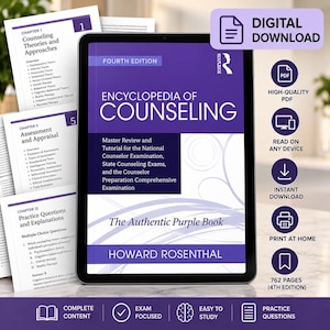 Puede incluir: Una descarga digital de la Encyclopedia of Counseling, cuarta edición de Howard Rosenthal, mostrada en una pantalla de tableta. La portada es morada y blanca con texto que detalla la preparación para exámenes.