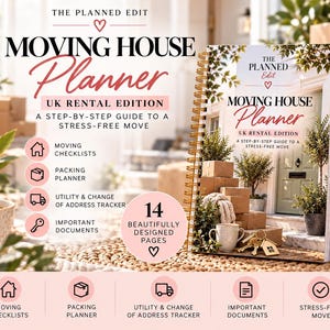 May include: A spiral-bound Moving House Planner UK Rental Edition with a cover featuring a house entrance, stacked boxes, and a key. The text includes Moving Checklists, Packing Planner, Utility & Change of Address Tracker, and Important Documents.