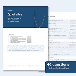 May include: A Vertex Maths study guide titled Quadratics for GCSE Maths 9-1 Higher Tier. The cover features a blue header with a white parabola graph, listing 40 exam-style questions and full worked solutions. The document includes sections A through G.