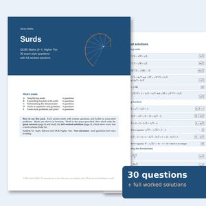 May include: A Vertex Maths study guide titled Surds for GCSE Maths Higher Tier, featuring 30 exam-style questions and full worked solutions. The cover displays a geometric spiral diagram and lists topics including simplifying surds, expanding brackets, and rationalising the denominator.