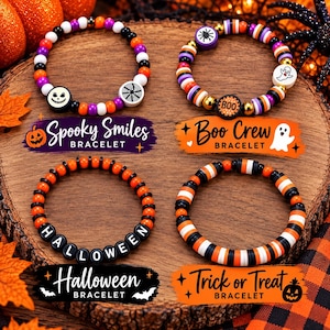 May include: Four stretch bracelets featuring orange, black, white, and purple beads. One bracelet has a jack-o'-lantern face and spiderweb charm, another has a ghost, spider, and BOO charm, one spells HALLOWEEN, and the last has striped beads.