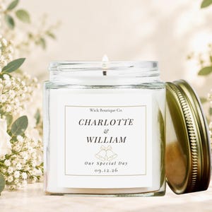 Sample Wedding Candle Favor, Wedding Bells Design, Personalized Names and Date