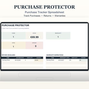 May include: A digital purchase tracker spreadsheet titled Purchase Protector displayed on a screen. It features sections for items, spent amount of €89.99, warranty, open and urgent tasks, plus tables for return deadlines and warranty expirations.