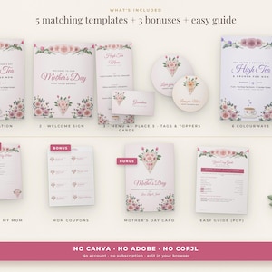 Könnte beinhalten: Eine Sammlung von Muttertags-Briefpapier-Vorlagen mit Blumenillustrationen aus rosa Rosen und Grünpflanzen. Das Set enthält Einladungen, Willkommensschilder, Menüs, Platzkarten, Anhänger, Gutscheine, eine Karte und eine PDF-Anleitung.