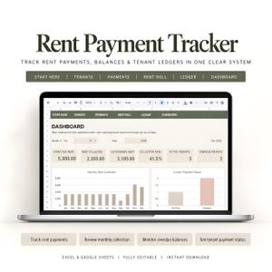 Rent Payment Tracker, Excel and Google Sheets Spreadsheet with Tenant Ledger