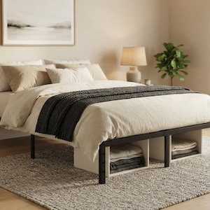 May include: A black metal bed frame with integrated white storage cubbies underneath. The bed is dressed in a light beige duvet, several beige and white pillows, and a dark gray knit throw blanket draped across the foot of the bed.