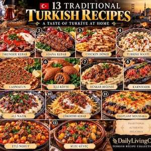 Könnte beinhalten: Ein kulinarisches Poster mit dem Titel 13 Traditional Turkish Recipes, A Taste of Turkiye at Home, das nummerierte Fotografien von Gerichten wie Iskender Kebab, Adana Kebab, Chicken Doner, Turkish Manti, Lahmacun, Icli Kofte und Hunkar Begendi zeigt.