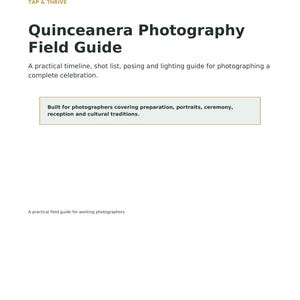 Guía de fotografía para quinceañeras, lista de tomas para los dulces 15, cronograma, sugerencias de poses y configuración de la cámara (PDF).