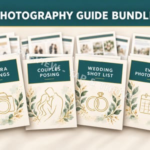 Paquete de guías de fotografía, configuración de la cámara, poses para parejas, lista de tomas para bodas y flujo de trabajo para eventos (PDF)