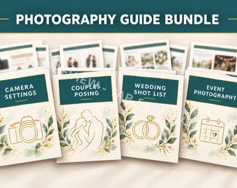 Pack de guides photographiques : réglages de l’appareil photo, poses pour les couples, liste des photos de mariage et déroulement de l’événement (PDF)