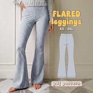 May include: Flared leggings with a blue and white houndstooth pattern. The text reads FLARED leggings, XS - 4XL, and pdf pattern. A line drawing of the leggings is shown next to the text, illustrating the flared leg design and high waist.
