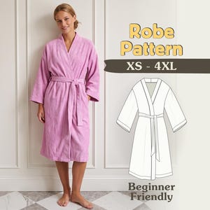 May include: A sewing pattern for a robe in sizes XS to 4XL. The image displays a light purple robe with long sleeves and a tie belt, alongside a white line drawing of the robe pattern and the text Robe Pattern, XS - 4XL, Beginner Friendly.