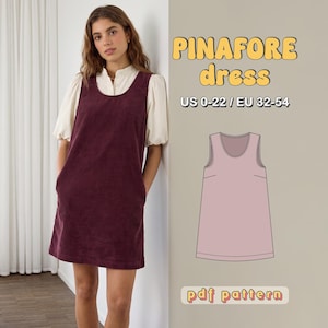 Puede incluir: Un vestido tipo pichi de pana color burdeos oscuro con escote redondo y bolsillos laterales, sobre una blusa color crema de manga corta. La imagen incluye el texto PINAFORE dress, US 0-22 / EU 32-54, pdf pattern y un dibujo técnico lineal.