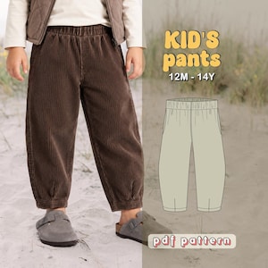 May include: Dark brown corduroy pants with an elastic waistband and gathered cuffs. The image includes a technical line drawing of the pants and the text KID'S pants 12M - 14Y pdf pattern.