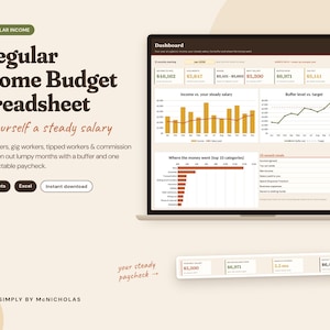 May include: A digital budget spreadsheet for irregular income displayed on a laptop screen. The interface features a dashboard with financial charts, bar graphs, and tables showing income, expenses, and salary data. Text includes Irregular Income Budget Spreadsheet, pay yourself a steady salary, Google Sheets, Excel, and Simply by McNicholas.