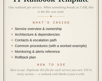 IT Runbook Template | Service Documentation with Escalation Path Procedures & Rollback Plan | Sysadmin SRE Digital Download