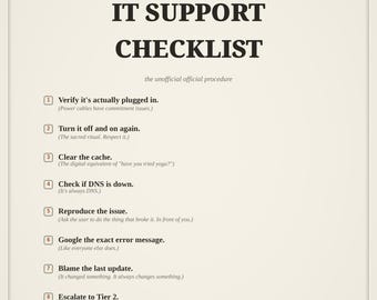 IT Support Checklist Poster | Funny Help Desk Troubleshooting Print | Sysadmin Tech Support Gift | Office Wall Art Digital Download