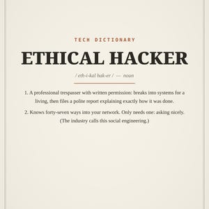 May include: A cream-coloured print featuring the text TECH DICTIONARY and ETHICAL HACKER in bold black font. It includes a phonetic pronunciation, the noun classification, and two numbered definitions describing the role of an ethical hacker.