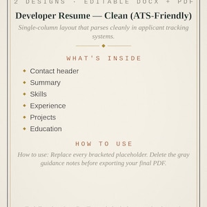 Developer Resume Template | 2 ATS-Friendly Tech Resume Designs in Word + PDF | Software Engineer Job Search Digital Download