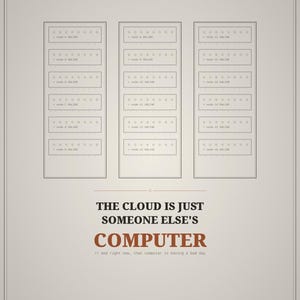 May include: A beige poster featuring three vertical server racks with status lights and text reading $ SUDO CAT /USR/SHARE/WISDOM. Below, the text reads THE CLOUD IS JUST SOMEONE ELSE'S COMPUTER // and right now, that computer is having a bad day.