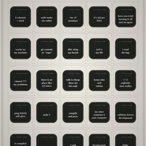 Può includere: Un foglio di adesivi stampabile contenente 25 etichette quadrate nere con angoli arrotondati, ognuna con testo bianco relativo alla programmazione e ai comandi del terminale, disposte in una griglia con linee tratteggiate per il taglio.