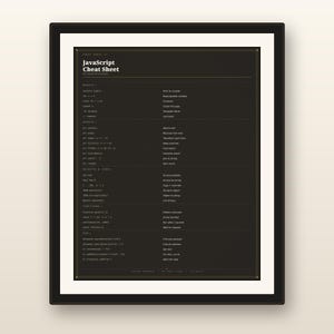May include: A framed JavaScript cheat sheet poster with a dark background and white text. The document lists essential code snippets categorized into sections like basics, arrays, objects, JSON, functions, and DOM, with clear explanations for each.