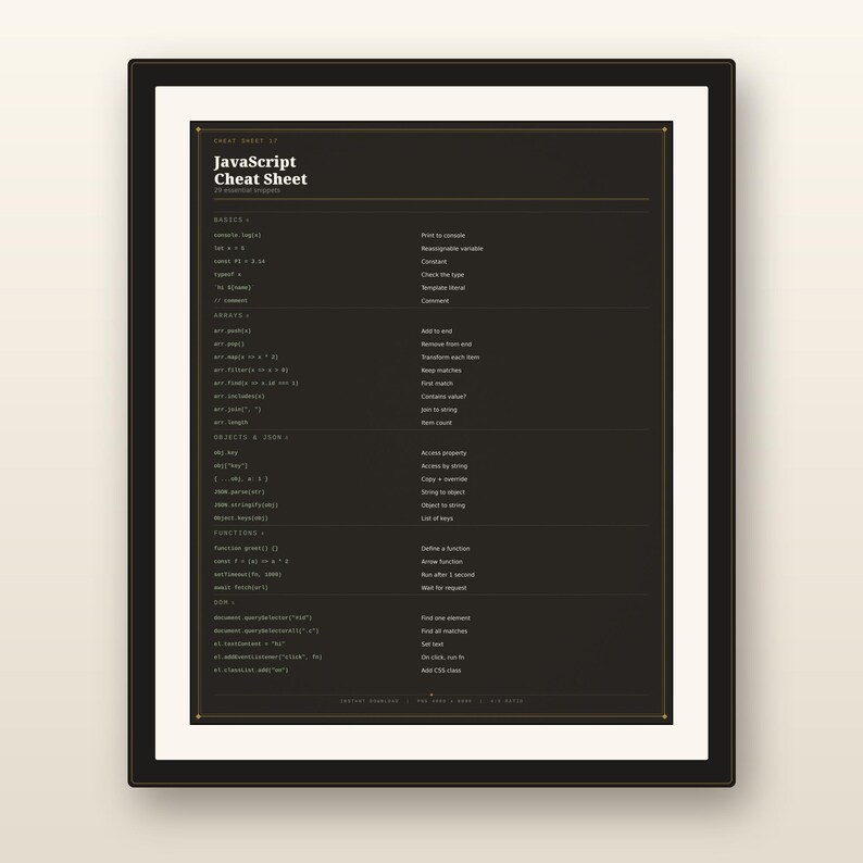May include: A framed JavaScript cheat sheet poster with a dark background and white text. The document lists essential code snippets categorized into sections like basics, arrays, objects, JSON, functions, and DOM, with clear explanations for each.