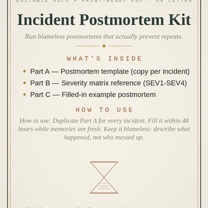 May include: An Incident Postmortem Kit document template in US Letter size, available as an editable DOCX and print-ready PDF. The text outlines three parts: a postmortem template, a severity matrix reference, and a filled-in example.