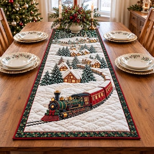 Christmas Train Quilted Table Runner Pattern PDF, Fusible Appliqué Village Quilt Pattern, 16x72 Holiday Runner, Instant Download
