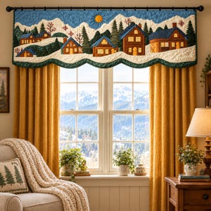 May include: A quilted window valance featuring a winter village scene with brown houses, evergreen trees, and a yellow sun against a blue sky. The valance has a scalloped bottom edge and is hung on a black rod above mustard yellow curtains.