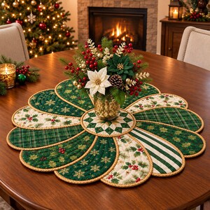 Christmas Table Runner Pattern PDF, Quilted Flower Round Table Topper, Holiday Sewing Pattern, Star Quilt Block, Digital Download