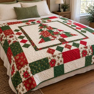 May include: A quilted bedspread featuring a central Christmas tree motif composed of red and green poinsettia and floral patterns on a cream background. The border consists of alternating red and green squares with poinsettia prints.