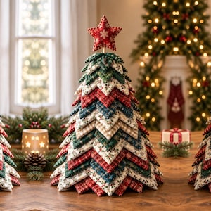 May include: A fabric Christmas tree decoration constructed from layered, quilted triangular patches in various festive patterns including red plaid, green holly prints, and cream snowflakes, topped with a stuffed red star ornament.