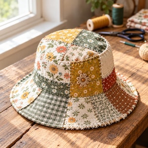 May include: A patchwork bucket hat constructed from various fabric panels featuring floral, gingham, and polka dot patterns in shades of mustard yellow, olive green, white, and rust. The hat includes visible white cross-stitching and a small flower embellishment.