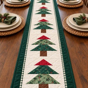 Puede incluir: Un camino de mesa acolchado rectangular con una fila central de cuatro árboles de Navidad aplicados. Cada árbol tiene un tronco marrón, una sección de follaje verde con patrones y una parte superior triangular roja. Centro crema.