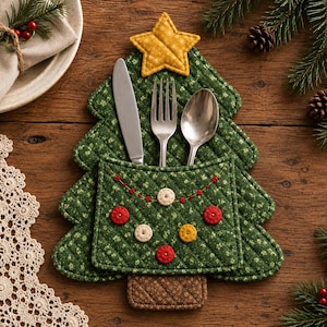 May include: A quilted green fabric Christmas tree-shaped cutlery holder featuring a yellow star at the top, a brown rectangular base, and a front pocket decorated with small red and yellow buttons and a stitched red garland design.
