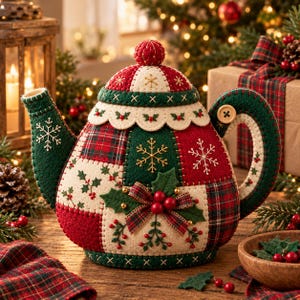 May include: A felt teapot cozy featuring a patchwork design of red, green, and cream fabric panels. The exterior is decorated with embroidered snowflakes, holly leaves, red berries, and a plaid ribbon bow. A wooden button accents the handle.