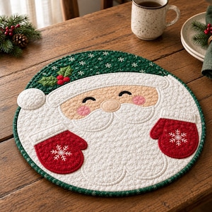 May include: A round quilted placemat featuring a Santa Claus face with a green hat, white beard, and red mittens with white snowflake embroidery. The design includes holly leaves and berries on the hat, with a textured snowflake pattern.