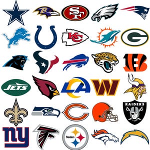 May include: A collection of thirty National Football League team logos arranged in a grid, featuring various animal mascots, letterforms, and symbols in diverse colors including blue, red, orange, green, gold, black, and white.