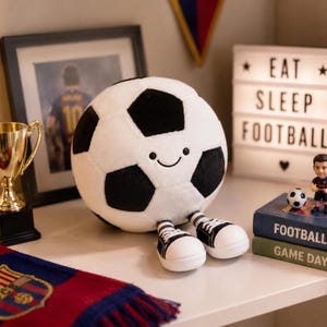 May include: A plush soccer ball toy with a white and black geometric pattern, a small embroidered smiling face, and two dangling legs wearing black and white striped socks and black sneakers with white laces and white rubber toe caps.