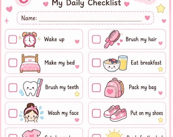 Könnte beinhalten: Eine rosa-weiße Morgenroutine-Checkliste mit einer Kopfzeile, die eine Schleife, Wolken und Sterne zeigt. Die Liste enthält zehn Aufgaben mit Symbolen: aufwachen, Bett machen, Zähne putzen, Gesicht waschen, anziehen, Haare bürsten, frühstücken, Tasche packen, Schuhe anziehen und bereit für den Tag sein.
