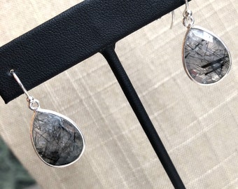 Silver Teardrop Black Rutilated Quartz Earrings