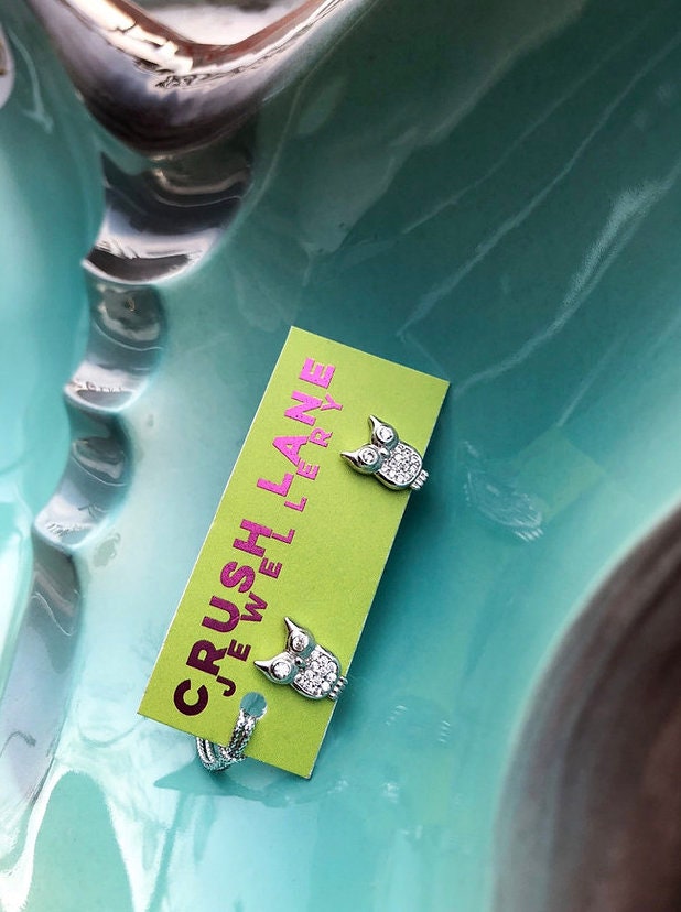 Silver Sparkly Owl Studs