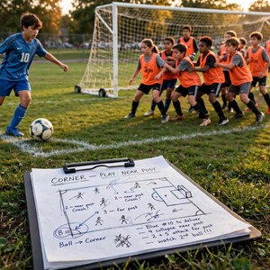 May include: A black clipboard holding a white paper with a hand-drawn football corner kick strategy diagram. The text reads: CORNER - PLAY NEAR POST, 2 - near post crash, 3 - far post, B 10, Ball -> Corner, Blue #10 to deliver, 4 collapse near post, 2+5 attack far post, watch 2nd ball!!!