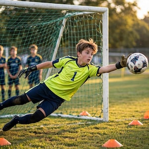 Op de afbeelding: Een voetbaldoelman in een neongeel shirt met het nummer 1, een donkerblauwe broek en zwarte handschoenen, die horizontaal duikt om een zwart-witte voetbal te blokkeren voor een doelnet op een grasveld met oranje trainingskegels.