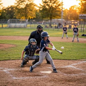 May include: A baseball batter wearing a navy blue jersey with the number 9, gray pants, and a helmet swings a bat at a ball. A catcher in full protective gear crouches behind the batter, while an umpire stands directly behind the catcher.